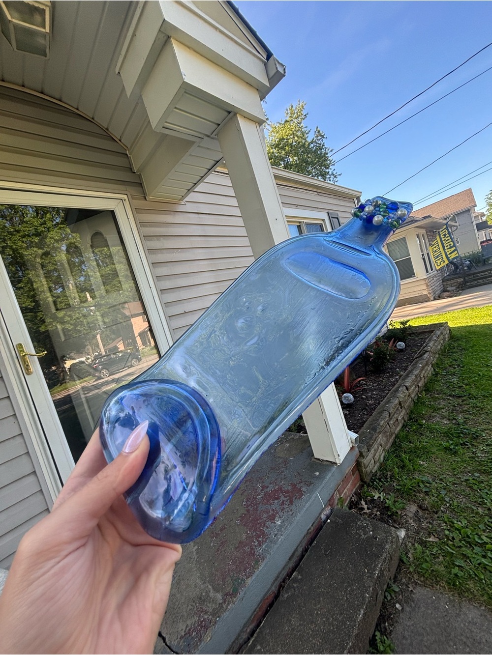 Blue Glass Bottle Serving Platter w Bedazzled Fork